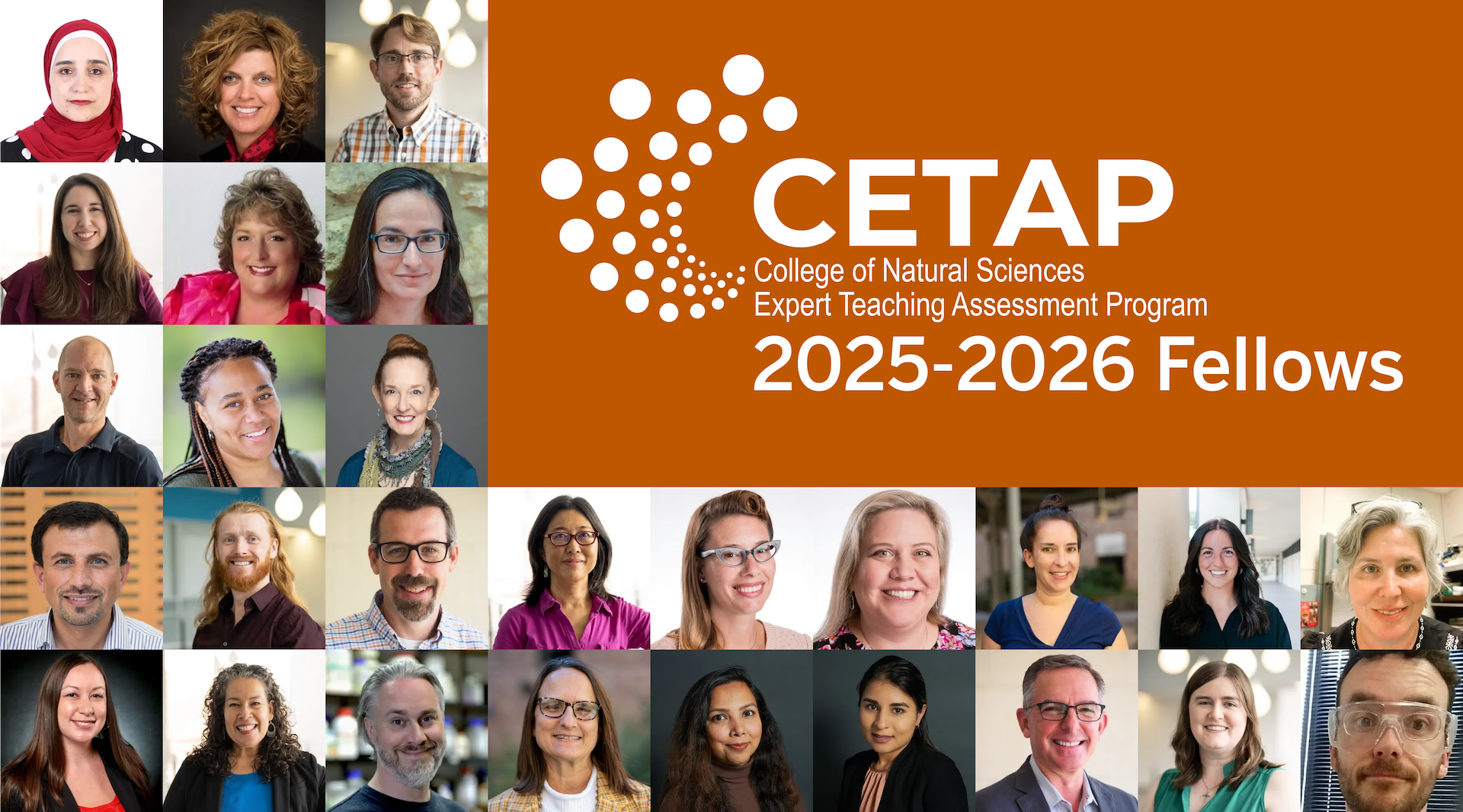 Infographic reads CETAP - College of Natural Sciences Expert Teaching Assessment Program - 2025-2026 Fellows. The text is surrounded by a grid of 27 faculty headshots.